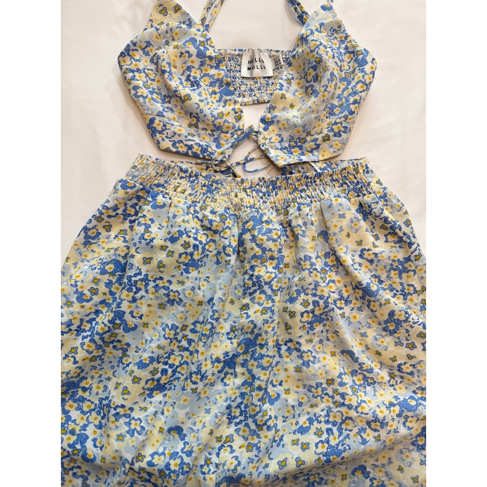 Hello Molly Floral Cutout Mini Dress Blue Yellow Daisy Lace Up Back US 4
